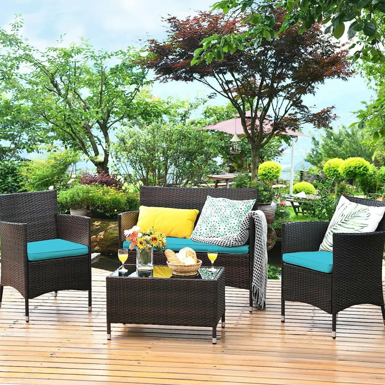 Tangkula 4-PCS or 8-PCS Patio Rattan Conversation Set, Outdoor Wicker Furniture Set with Tempered Glass Coffee Table &Thick Cushion