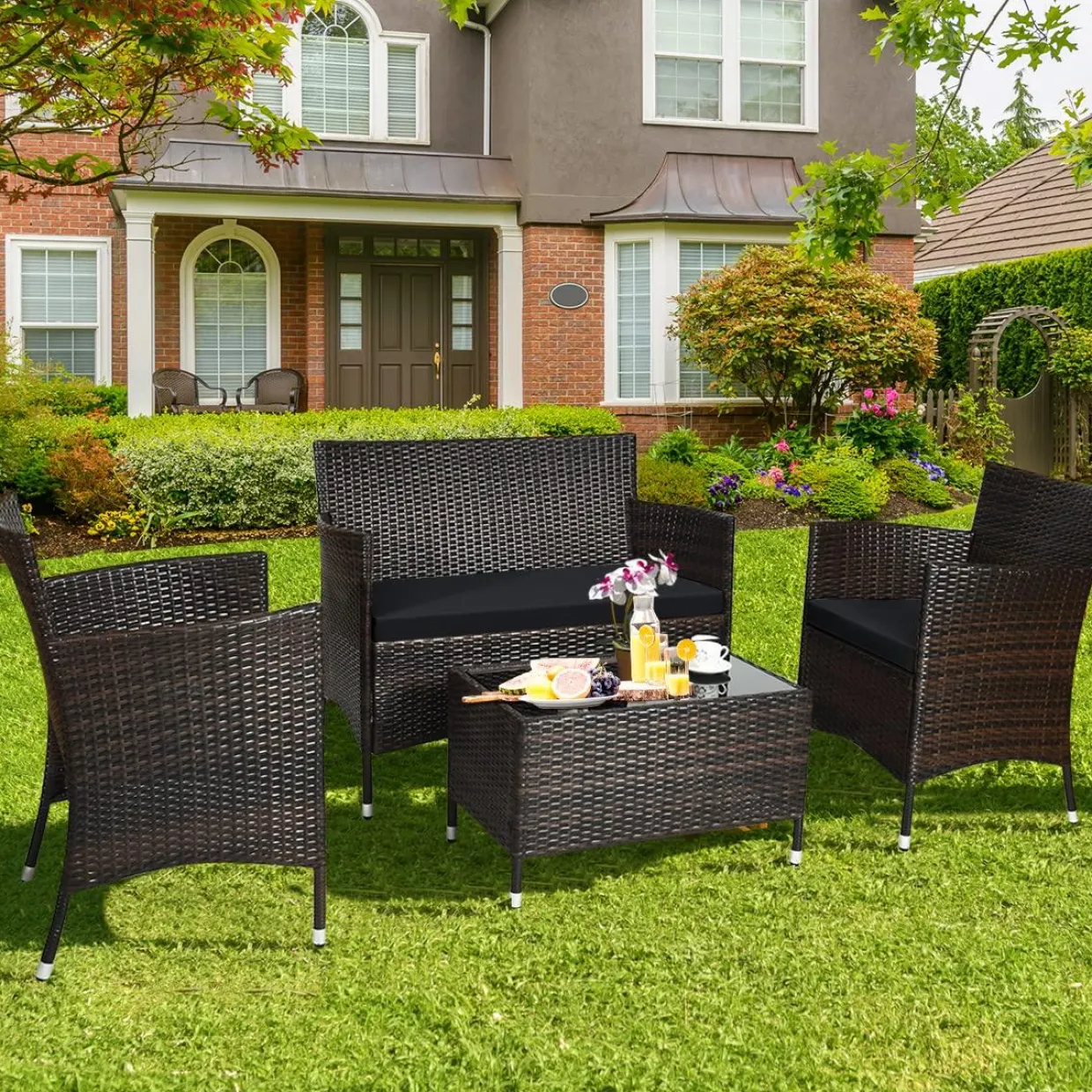 Tangkula 4-PCS or 8-PCS Patio Rattan Conversation Set, Outdoor Wicker Furniture Set with Tempered Glass Coffee Table &Thick Cushion