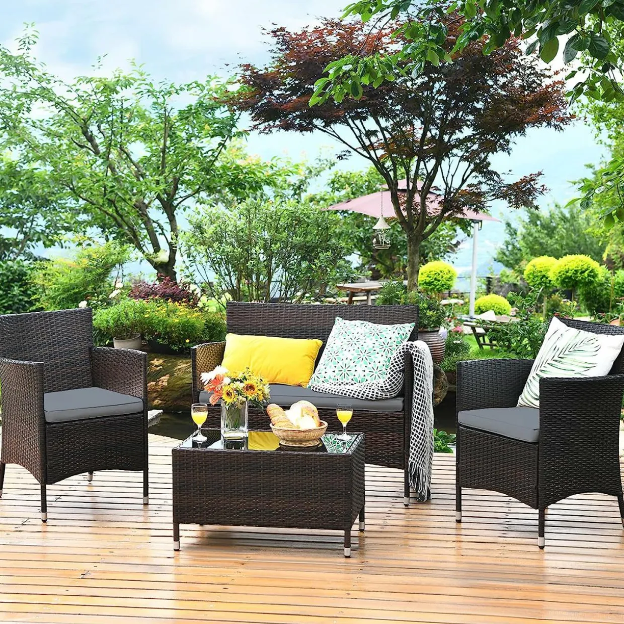 Tangkula 4-PCS or 8-PCS Patio Rattan Conversation Set, Outdoor Wicker Furniture Set with Tempered Glass Coffee Table &Thick Cushion
