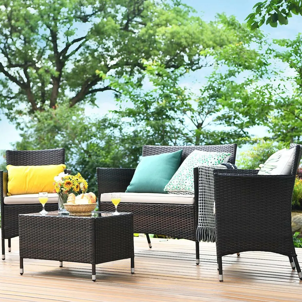 Tangkula 4-PCS or 8-PCS Patio Rattan Conversation Set, Outdoor Wicker Furniture Set with Tempered Glass Coffee Table &Thick Cushion