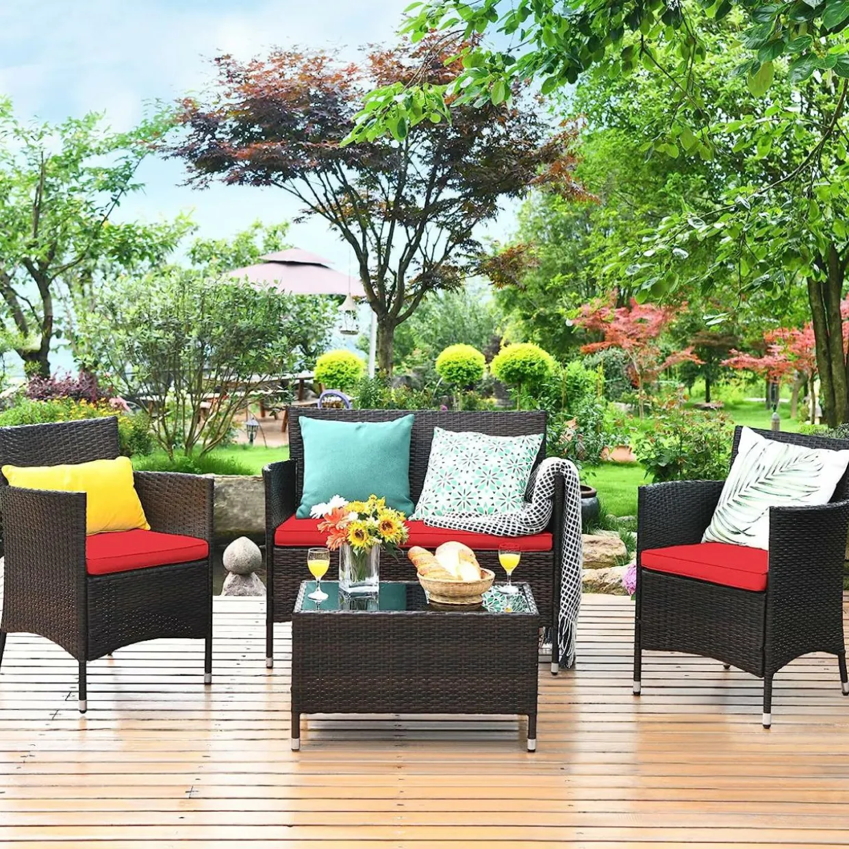 Tangkula 4-PCS or 8-PCS Patio Rattan Conversation Set, Outdoor Wicker Furniture Set with Tempered Glass Coffee Table &Thick Cushion