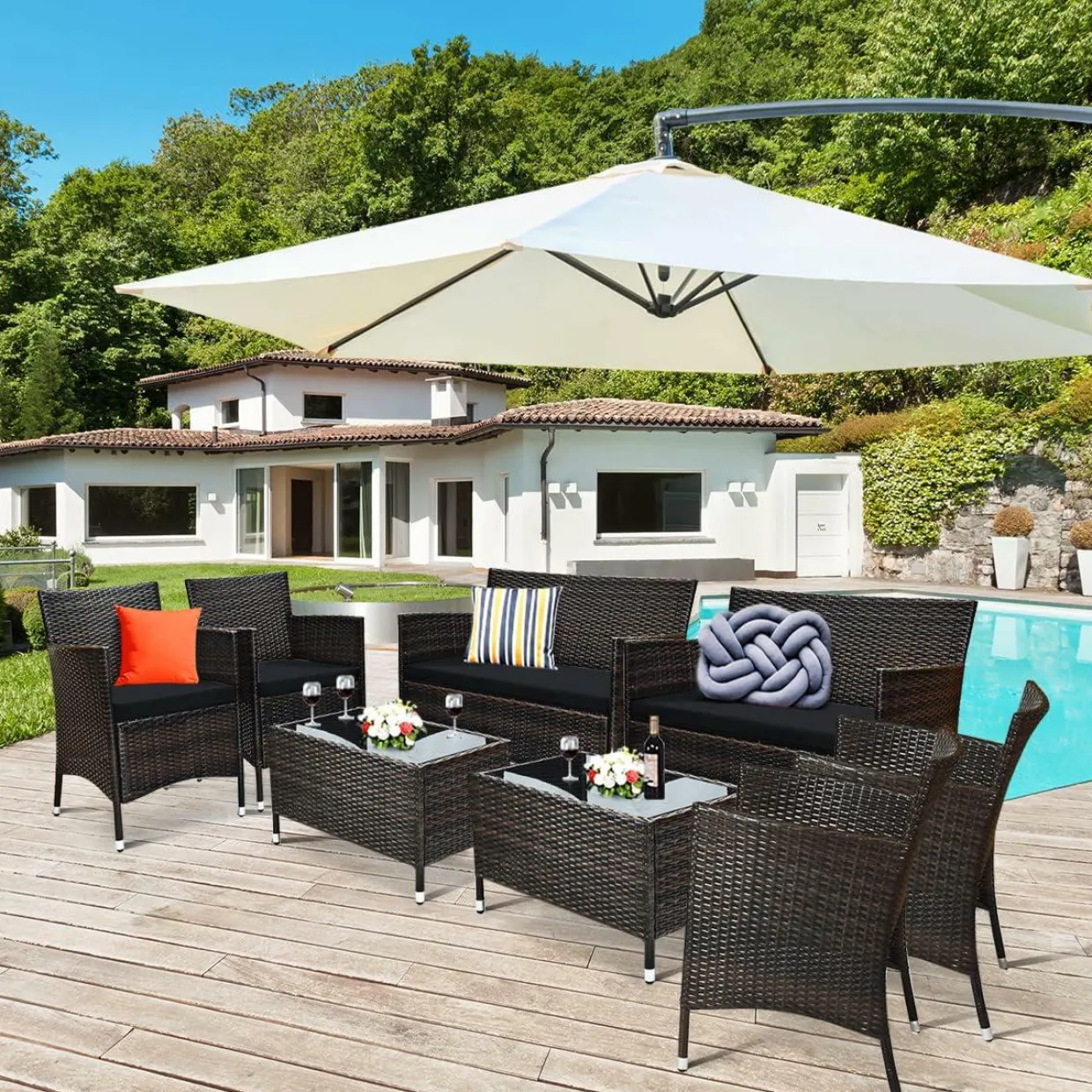 Tangkula 4-PCS or 8-PCS Patio Rattan Conversation Set, Outdoor Wicker Furniture Set with Tempered Glass Coffee Table &Thick Cushion
