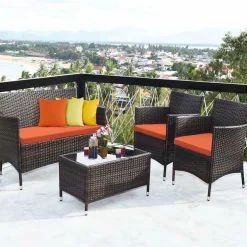 Tangkula 4-PCS or 8-PCS Patio Rattan Conversation Set, Outdoor Wicker Furniture Set with Tempered Glass Coffee Table &Thick Cushion