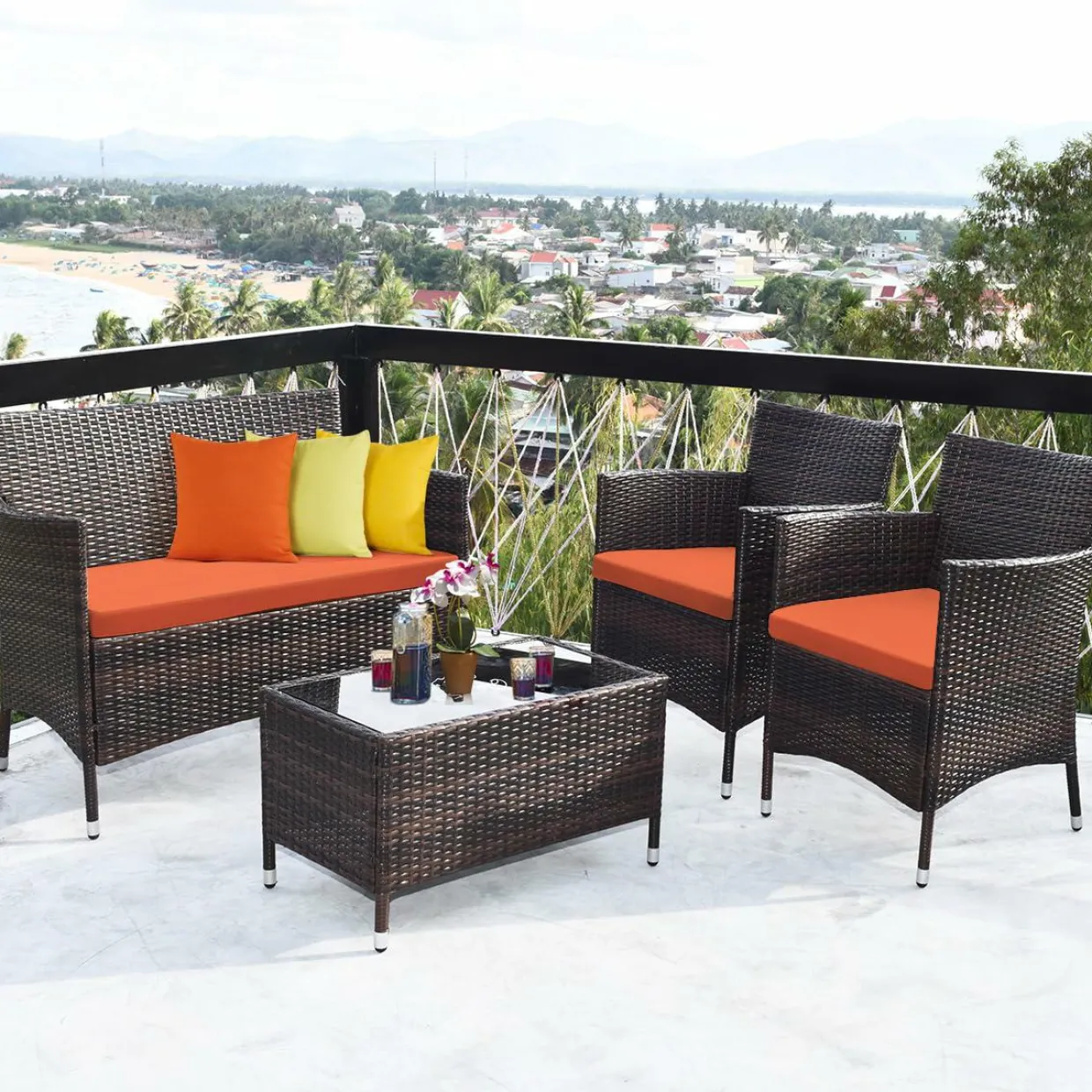 Tangkula 4-PCS or 8-PCS Patio Rattan Conversation Set, Outdoor Wicker Furniture Set with Tempered Glass Coffee Table &Thick Cushion