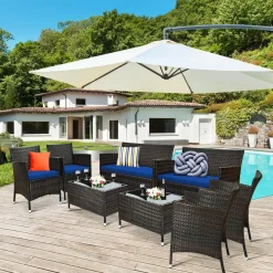 Tangkula 4-PCS or 8-PCS Patio Rattan Conversation Set, Outdoor Wicker Furniture Set with Tempered Glass Coffee Table &Thick Cushion