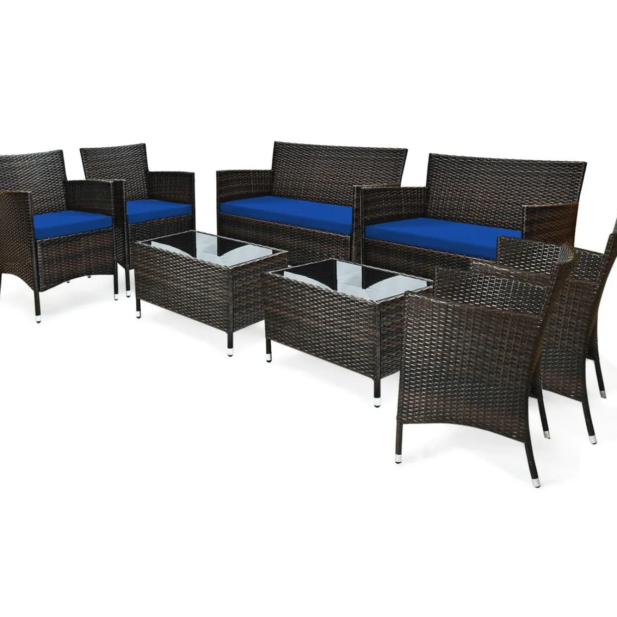Tangkula 4-PCS or 8-PCS Patio Rattan Conversation Set, Outdoor Wicker Furniture Set with Tempered Glass Coffee Table &Thick Cushion