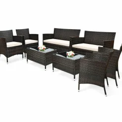 Tangkula 4-PCS or 8-PCS Patio Rattan Conversation Set, Outdoor Wicker Furniture Set with Tempered Glass Coffee Table &Thick Cushion