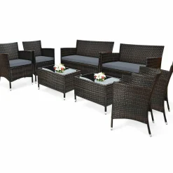 Tangkula 4-PCS or 8-PCS Patio Rattan Conversation Set, Outdoor Wicker Furniture Set with Tempered Glass Coffee Table &Thick Cushion