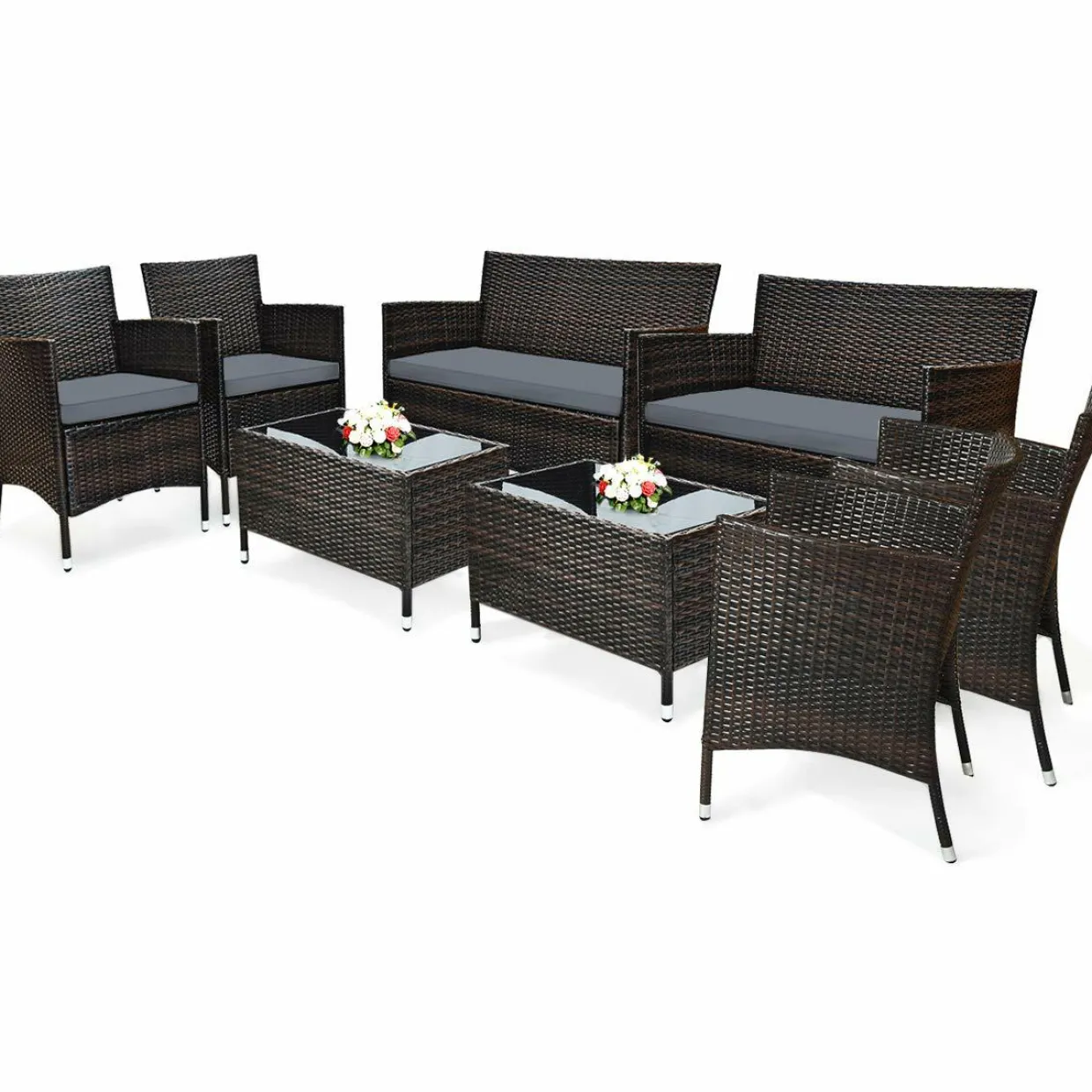 Tangkula 4-PCS or 8-PCS Patio Rattan Conversation Set, Outdoor Wicker Furniture Set with Tempered Glass Coffee Table &Thick Cushion