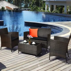 Tangkula 4-PCS or 8-PCS Patio Rattan Conversation Set, Outdoor Wicker Furniture Set with Tempered Glass Coffee Table &Thick Cushion
