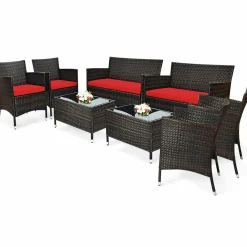 Tangkula 4-PCS or 8-PCS Patio Rattan Conversation Set, Outdoor Wicker Furniture Set with Tempered Glass Coffee Table &Thick Cushion