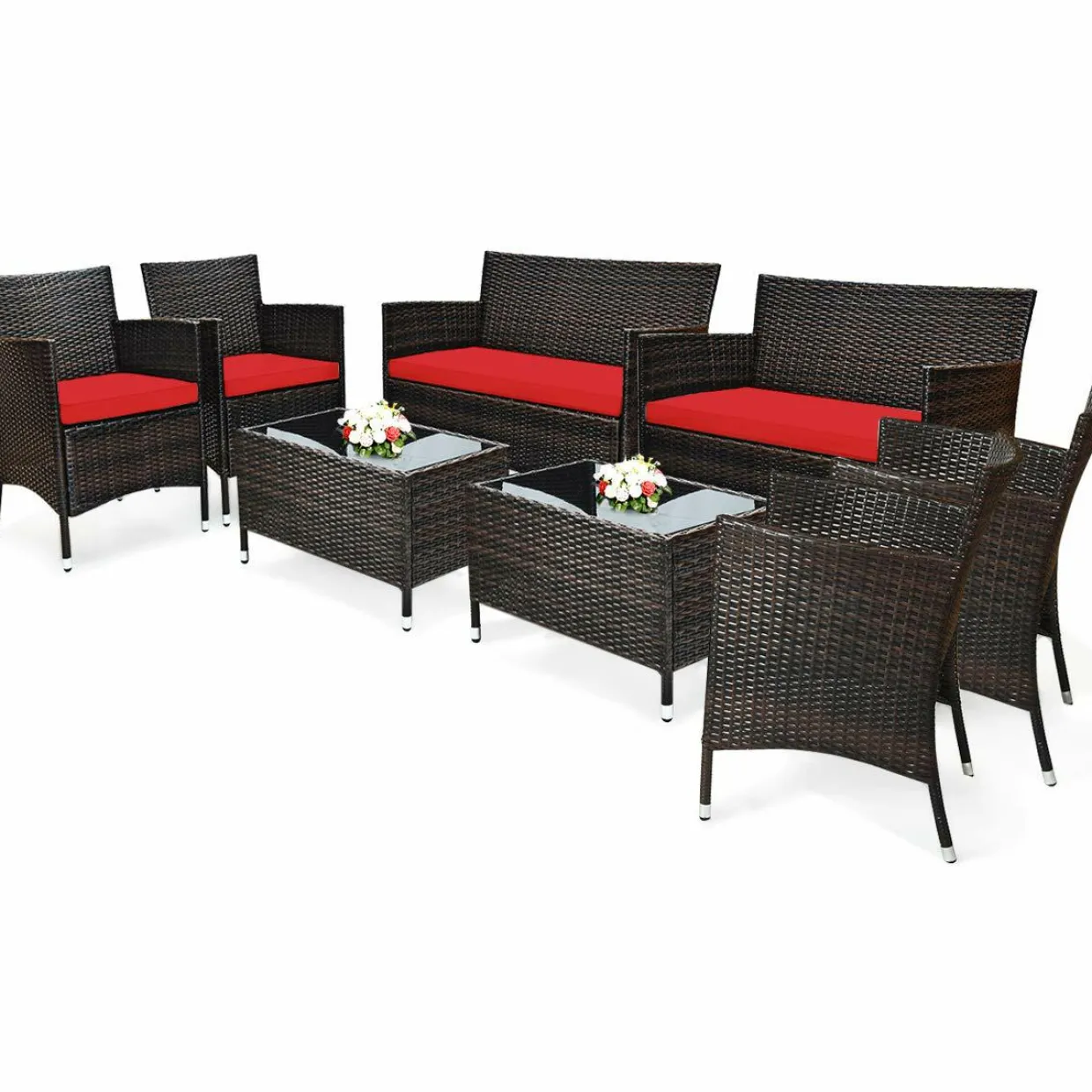 Tangkula 4-PCS or 8-PCS Patio Rattan Conversation Set, Outdoor Wicker Furniture Set with Tempered Glass Coffee Table &Thick Cushion