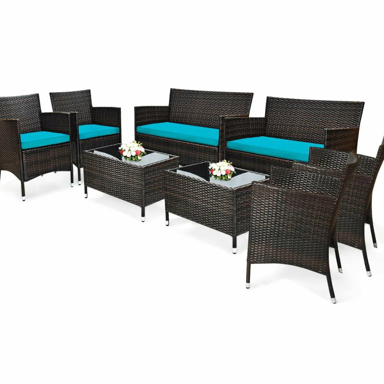 Tangkula 4-PCS or 8-PCS Patio Rattan Conversation Set, Outdoor Wicker Furniture Set with Tempered Glass Coffee Table &Thick Cushion
