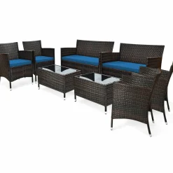 Tangkula 4-PCS or 8-PCS Patio Rattan Conversation Set, Outdoor Wicker Furniture Set with Tempered Glass Coffee Table &Thick Cushion