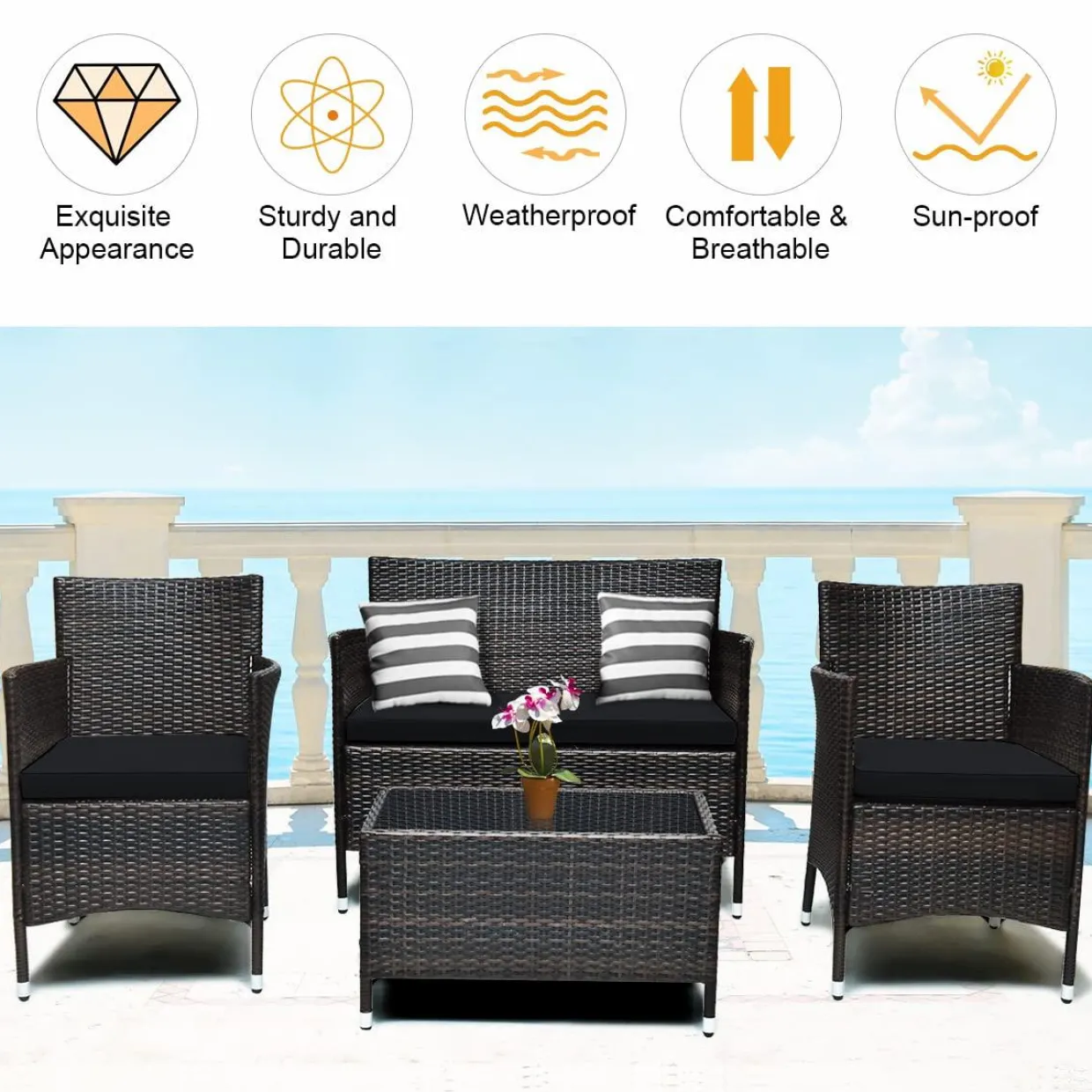 Tangkula 4-PCS or 8-PCS Patio Rattan Conversation Set, Outdoor Wicker Furniture Set with Tempered Glass Coffee Table &Thick Cushion