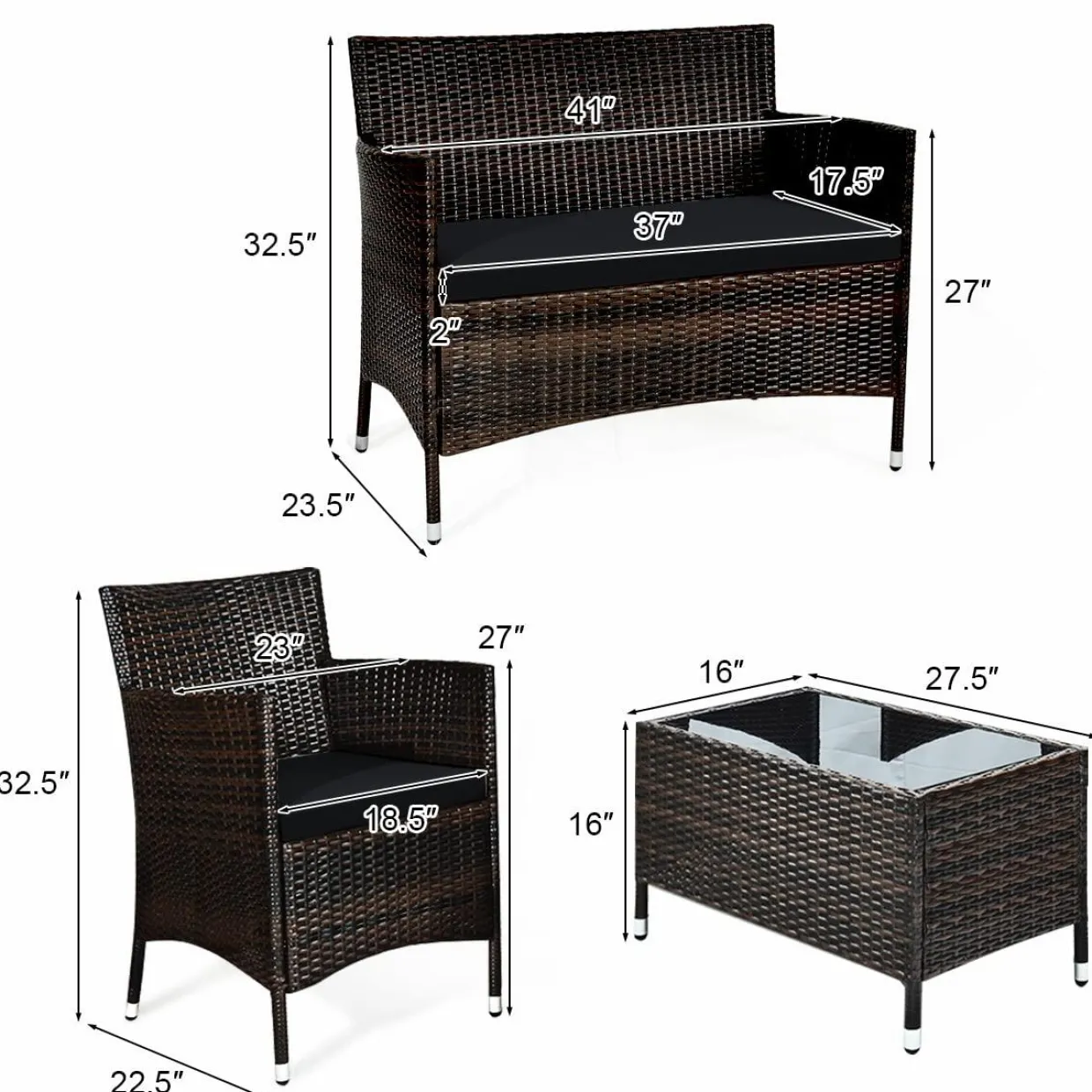 Tangkula 4-PCS or 8-PCS Patio Rattan Conversation Set, Outdoor Wicker Furniture Set with Tempered Glass Coffee Table &Thick Cushion
