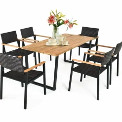 Tangkula 7PCS Outdoor Dining Set, Patio Dining Furniture Set w/Large Rectangle Acacia Wood Table Top