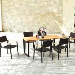 Tangkula 7PCS Outdoor Dining Set, Patio Dining Furniture Set w/Large Rectangle Acacia Wood Table Top