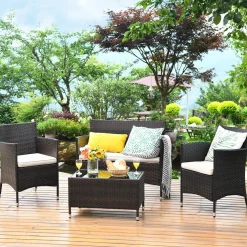 Tangkula 4-PCS Patio Rattan Conversation Set, Outdoor Wicker Furniture Set with Tempered Glass Coffee Table &Thick Cushion