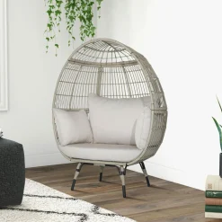 Tangkula PE Wicker Egg Chair, Patiojoy Oversized Indoor Outdoor Patio Lounge Chair with Cushions and Pillows