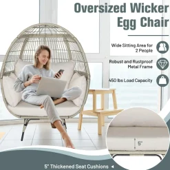 Tangkula PE Wicker Egg Chair, Patiojoy Oversized Indoor Outdoor Patio Lounge Chair with Cushions and Pillows
