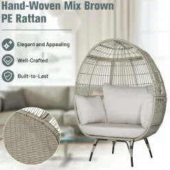Tangkula PE Wicker Egg Chair, Patiojoy Oversized Indoor Outdoor Patio Lounge Chair with Cushions and Pillows