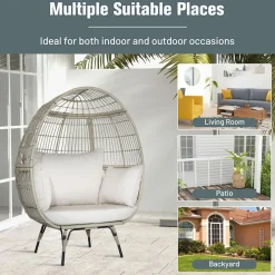 Tangkula PE Wicker Egg Chair, Patiojoy Oversized Indoor Outdoor Patio Lounge Chair with Cushions and Pillows
