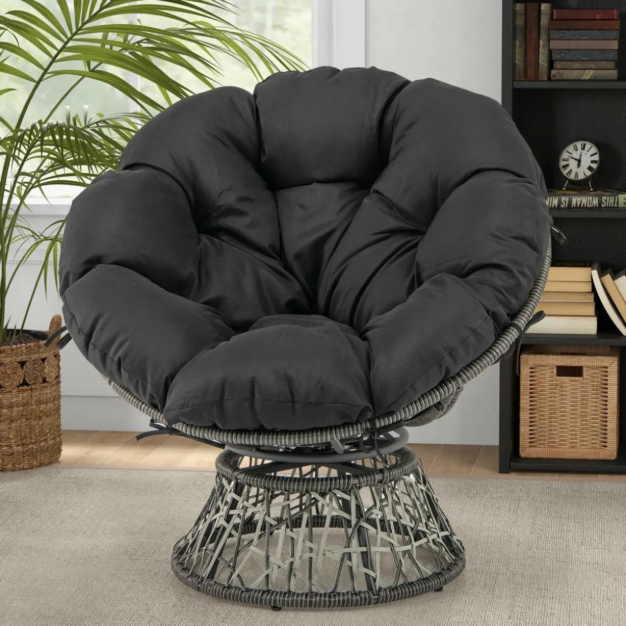 Tangkula PE Wicker Papasan Chair with 360° Swivel Base