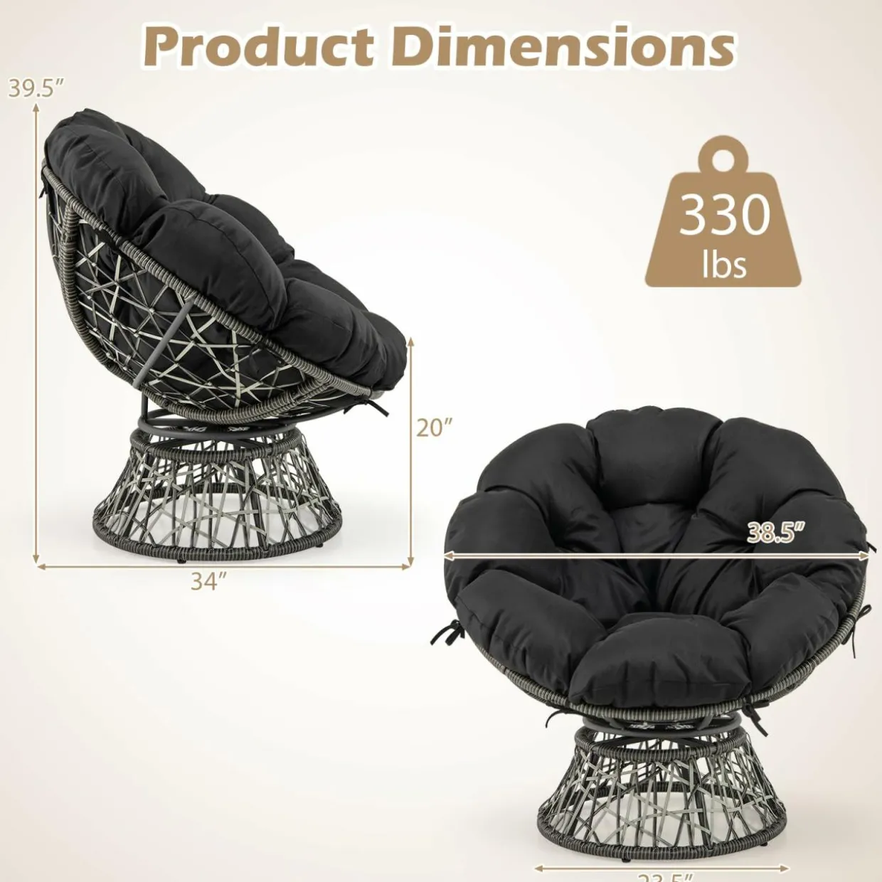 Tangkula PE Wicker Papasan Chair with 360° Swivel Base