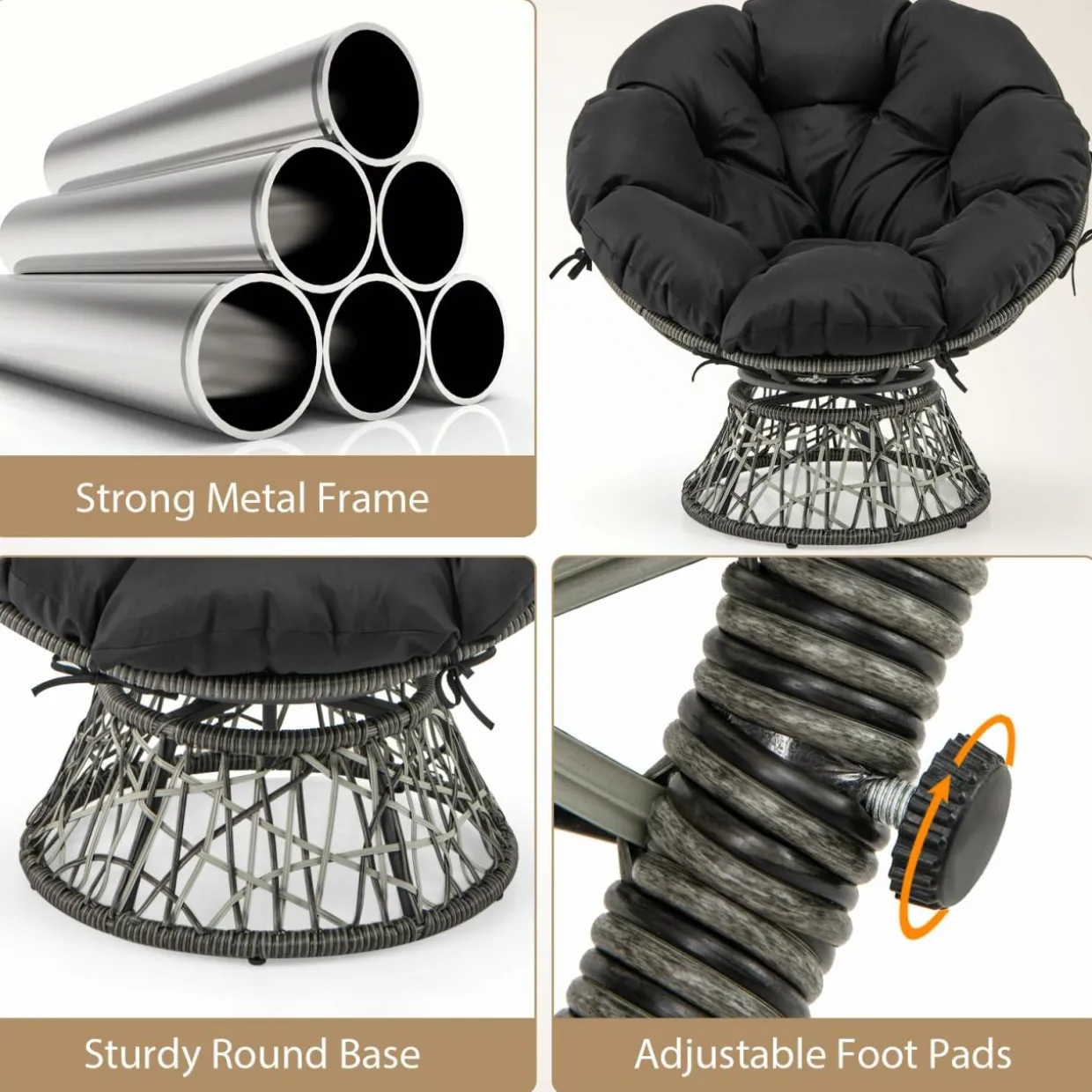 Tangkula PE Wicker Papasan Chair with 360° Swivel Base
