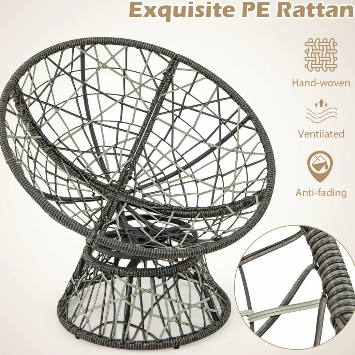 Tangkula PE Wicker Papasan Chair with 360° Swivel Base