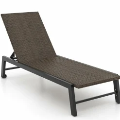 Tangkula PE Wicker Patio Chaise Lounge Chair, Outdoor 4-Position Recliner with Wheels