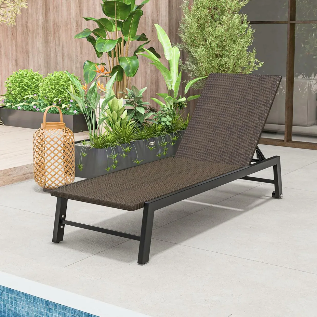 Tangkula PE Wicker Patio Chaise Lounge Chair, Outdoor 4-Position Recliner with Wheels