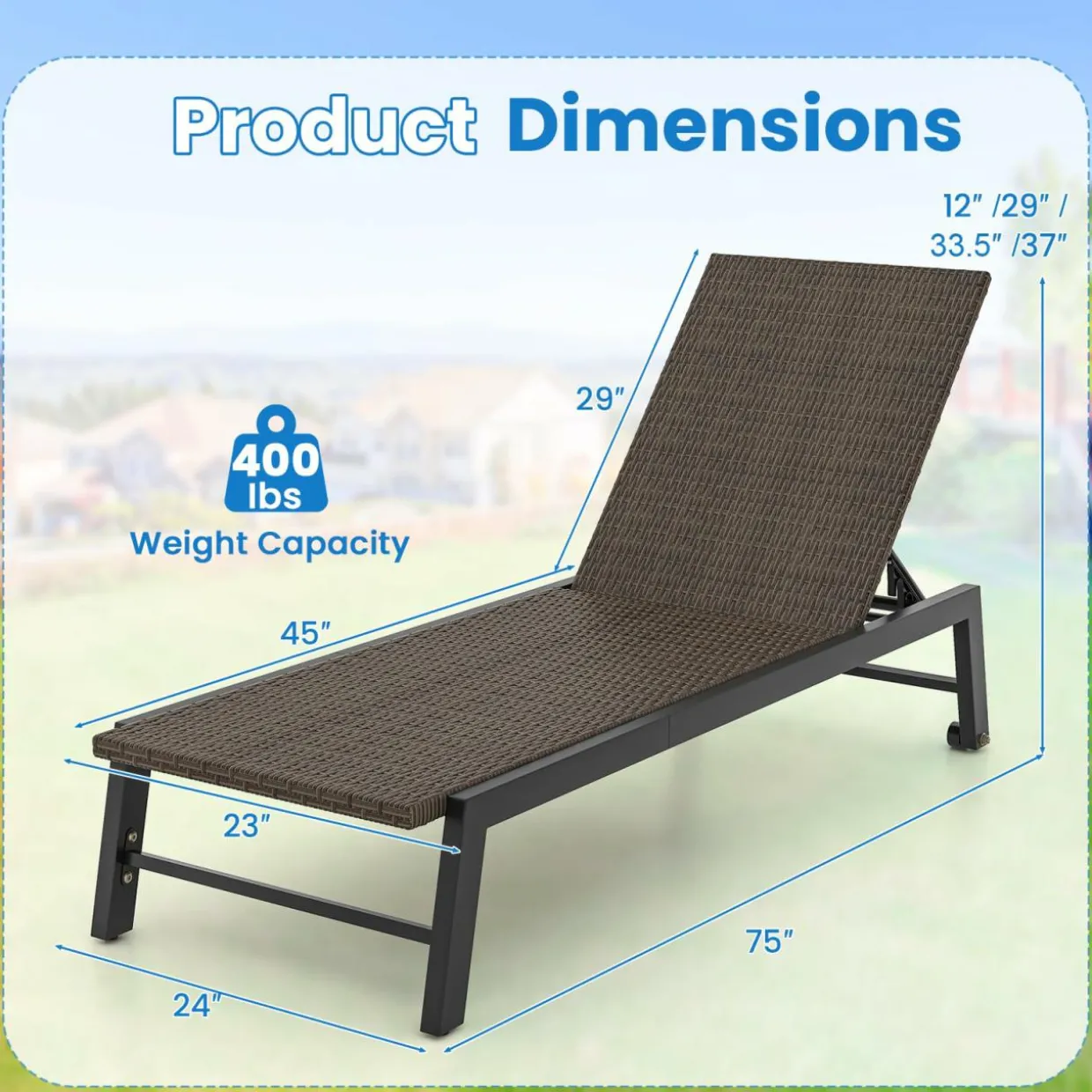 Tangkula PE Wicker Patio Chaise Lounge Chair, Outdoor 4-Position Recliner with Wheels