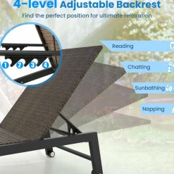 Tangkula PE Wicker Patio Chaise Lounge Chair, Outdoor 4-Position Recliner with Wheels
