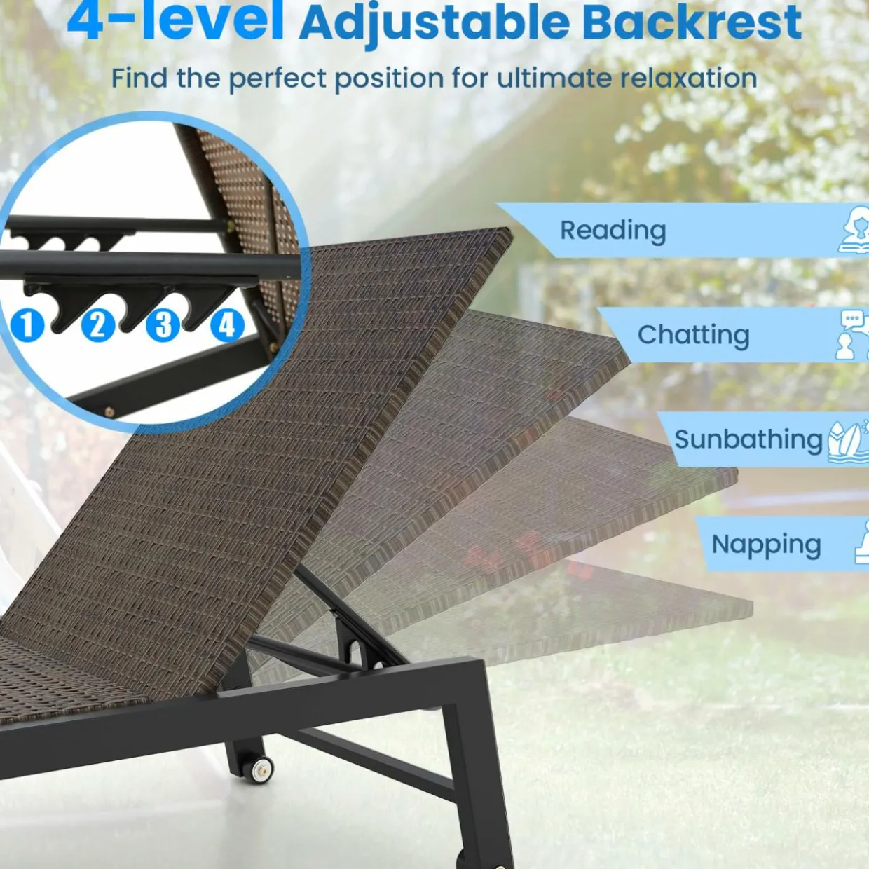 Tangkula PE Wicker Patio Chaise Lounge Chair, Outdoor 4-Position Recliner with Wheels