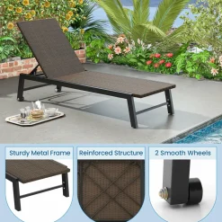 Tangkula PE Wicker Patio Chaise Lounge Chair, Outdoor 4-Position Recliner with Wheels