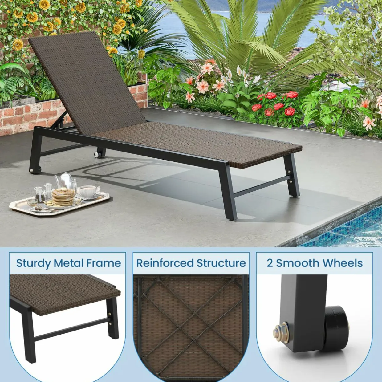 Tangkula PE Wicker Patio Chaise Lounge Chair, Outdoor 4-Position Recliner with Wheels