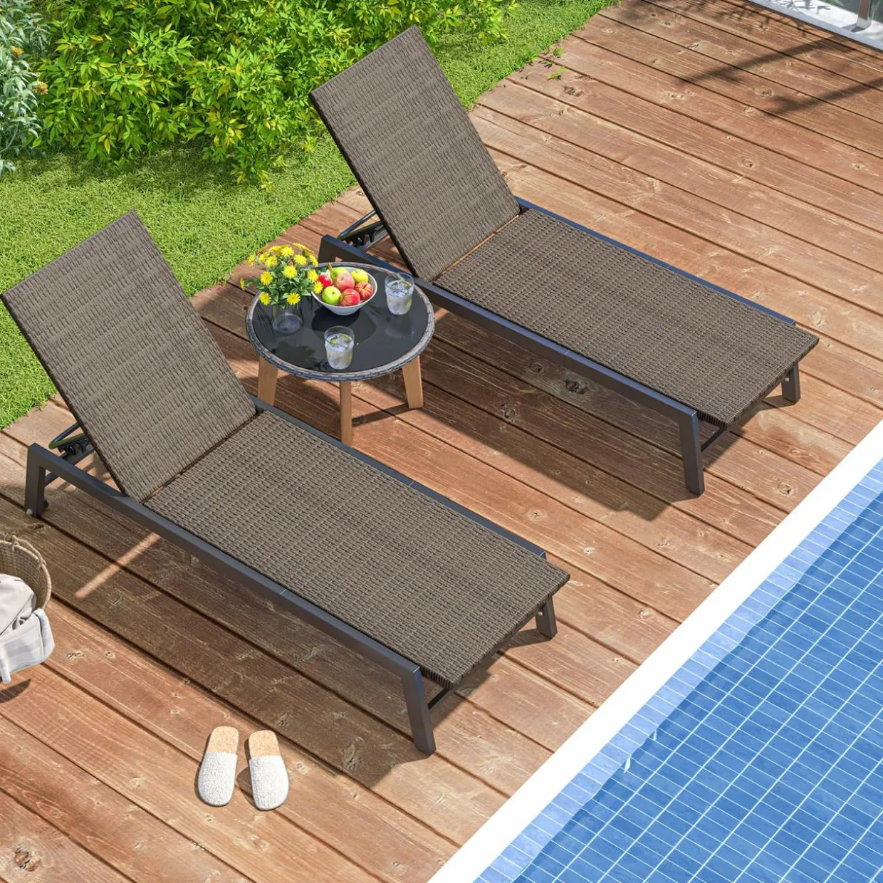 Tangkula PE Wicker Patio Chaise Lounge Chair, Outdoor 4-Position Recliner with Wheels