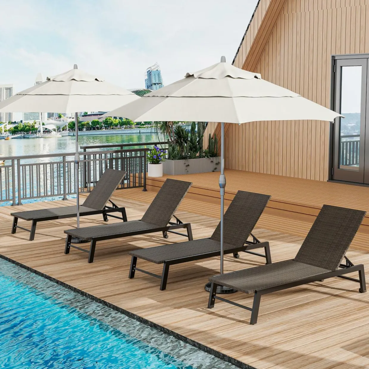 Tangkula PE Wicker Patio Chaise Lounge Chair, Outdoor 4-Position Recliner with Wheels