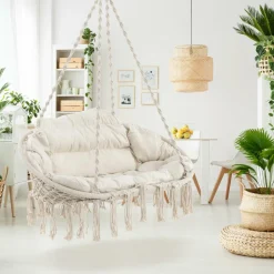 Tangkula 2-Person Hanging Hammock Chair, Boho Style Macrame Hammock Swing with Soft Cushions