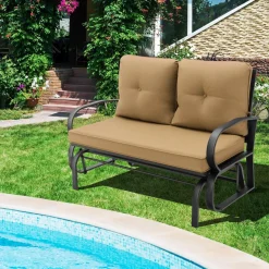 Tangkula 2-Person Outdoor Glider Bench, Swing Seat Bench with Seat & Back Cushions, Sturdy Rustproof Steel Frame