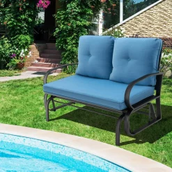 Tangkula 2-Person Outdoor Glider Bench, Swing Seat Bench with Seat & Back Cushions, Sturdy Rustproof Steel Frame