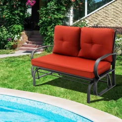 Tangkula 2-Person Outdoor Glider Bench, Swing Seat Bench with Seat & Back Cushions, Sturdy Rustproof Steel Frame