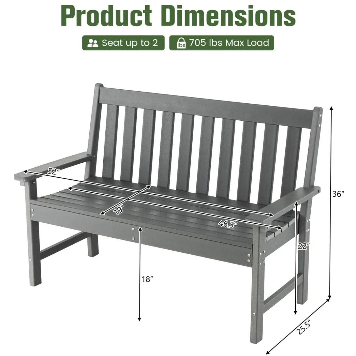 Tangkula 2-Person Outdoor Garden Park Bench, All-Weather HDPE Patio Loveseat Chair with Cozy Backrest