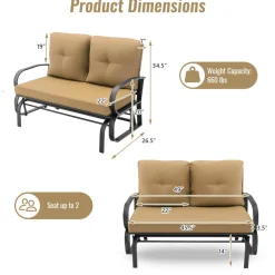 Tangkula 2-Person Outdoor Glider Bench, Swing Seat Bench with Seat & Back Cushions, Sturdy Rustproof Steel Frame