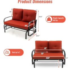 Tangkula 2-Person Outdoor Glider Bench, Swing Seat Bench with Seat & Back Cushions, Sturdy Rustproof Steel Frame