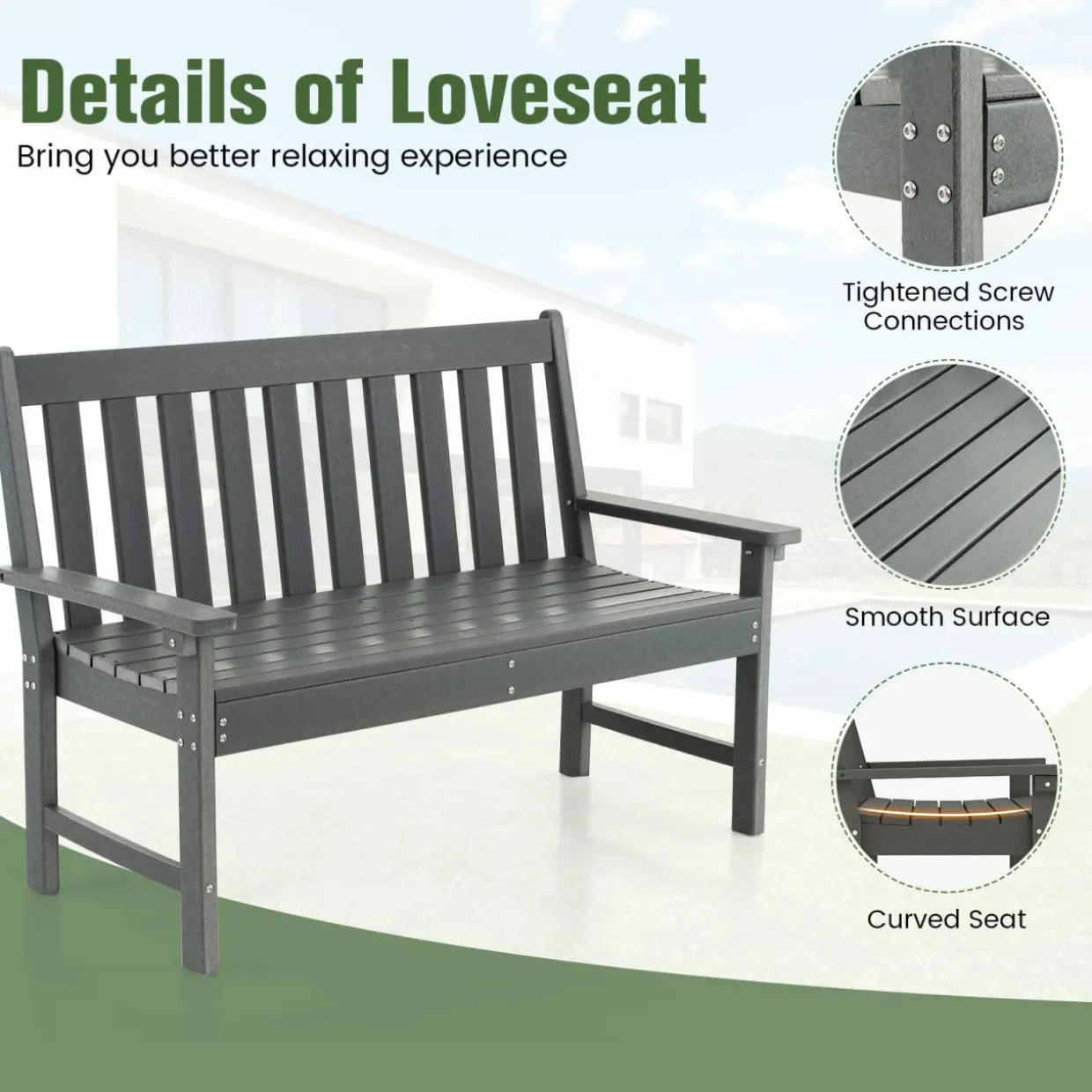 Tangkula 2-Person Outdoor Garden Park Bench, All-Weather HDPE Patio Loveseat Chair with Cozy Backrest