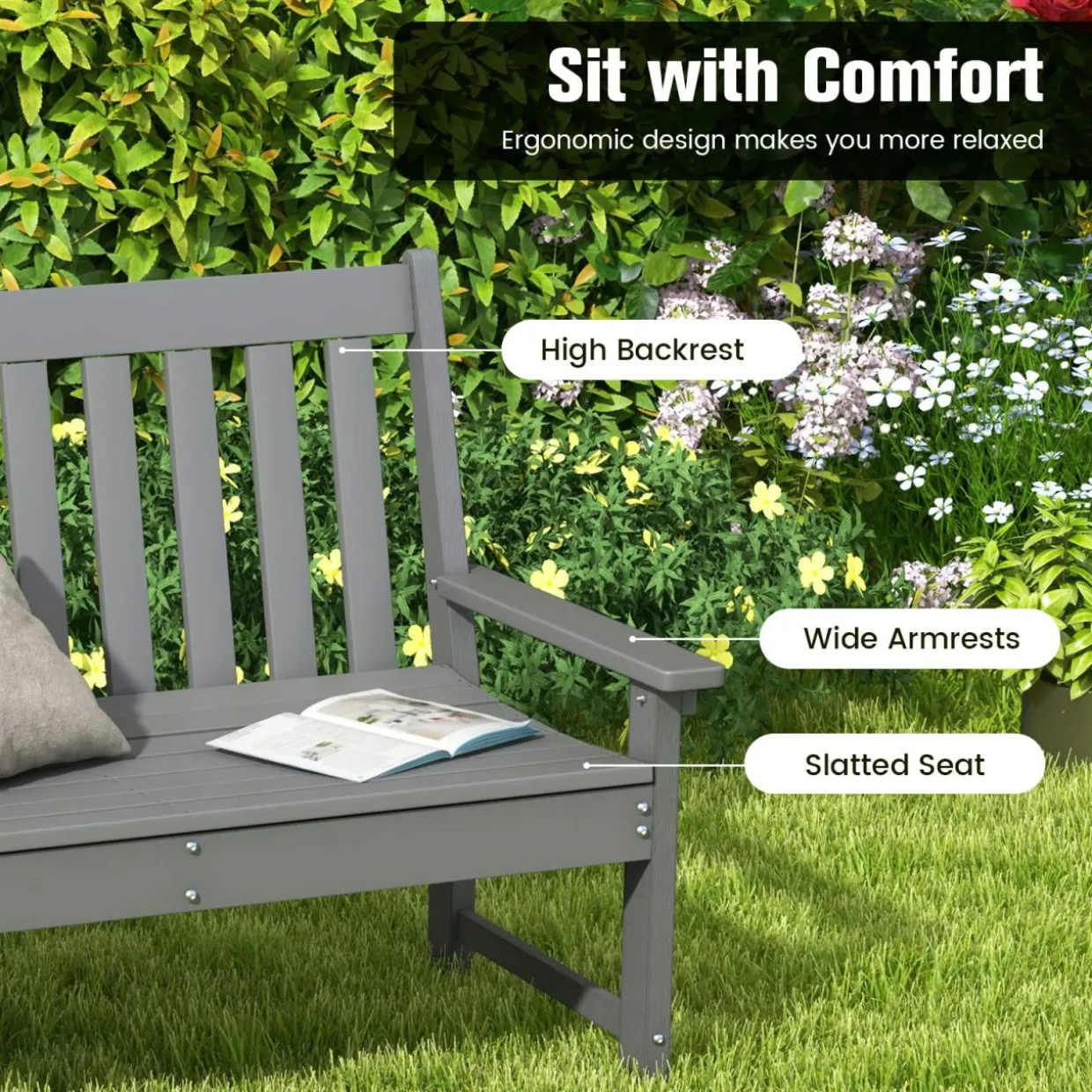 Tangkula 2-Person Outdoor Garden Park Bench, All-Weather HDPE Patio Loveseat Chair with Cozy Backrest