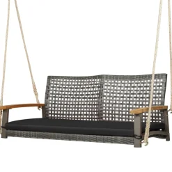 Tangkula 2-Person Outdoor Porch Swing with 118" Hanging Ropes, Patiojoy PE Wicker Patio Hanging Swing Bench
